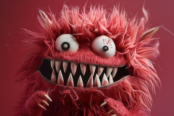 Obraz premium This expressive red furry monster puppet with big eyes and sharp teeth is perfect for adding a touch of humor to marketing campaigns.