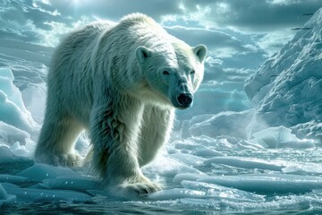 Fototapeta premium A powerful polar bear stands majestically on an icy landscape, its thick white fur glistening in the cold air. The intense gaze and the rugged terrain capture the raw beauty of Arctic wildlife.