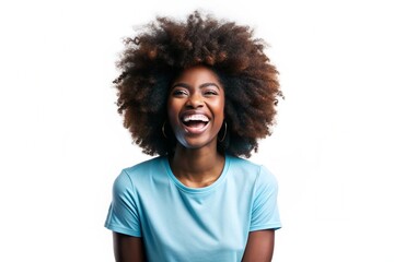 Happy African American woman with curly hair, laughing and smiling, set against a simple white backdrop