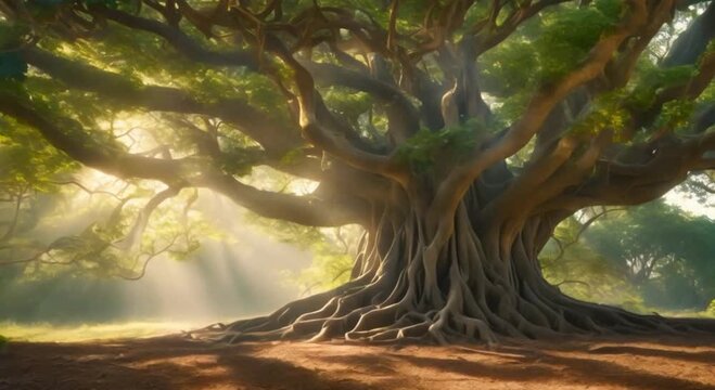 view from below of an old and large banyan tree with sunlight in the background