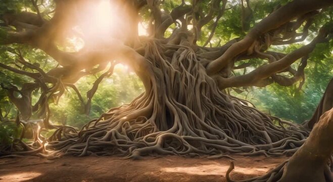 view from below of an old and large banyan tree with sunlight in the background