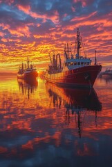 Obraz premium Sunrise over the harbor with the first light of day creating stunning reflections on the calm water, and ships gently outlined against the glowing sky