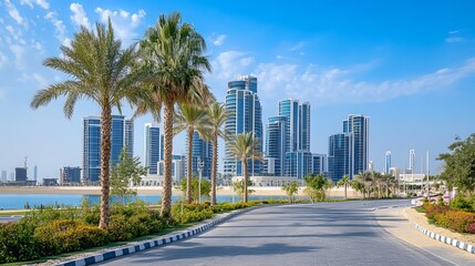 View of the Katara buildings from Lusail Marina Park with Crescent Tower in sight