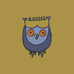 Colorful owl totem. Vector cartoon sign of owl in trendy hand drawn style with natural pencil texture. Bird character symbol design. Line art eagle-owl doodle. Flying animal icon.