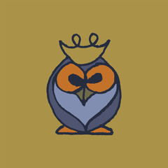 Colorful owl totem. Vector cartoon sign of owl in trendy hand drawn style with natural pencil texture. Bird character symbol design. Line art eagle-owl doodle. Flying animal icon.