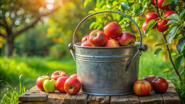 A rusty metal gallon pail with a wooden handle, filled with fresh picked bright red apples, surrounded by lush greenery in a natural setting.