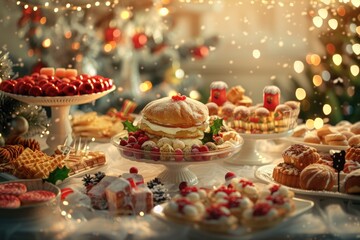 Festive Holiday Dessert Table with Assorted Pastries, Cakes, and Christmas Decorations