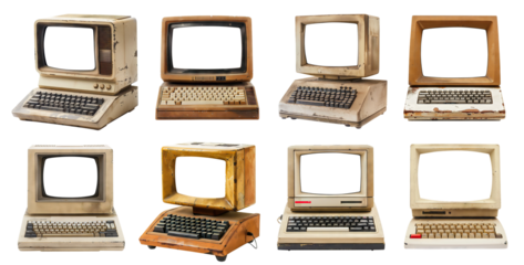Set of vintage desktop computers with blank screens, cut out
