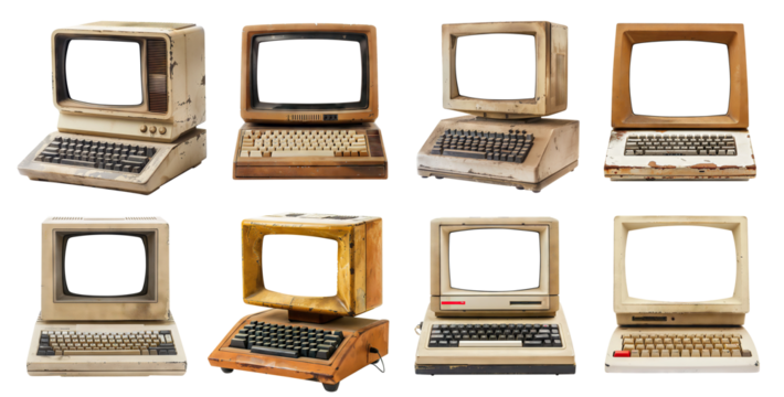 Set of vintage desktop computers with blank screens, cut out