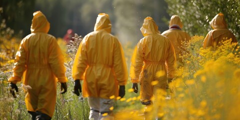 Beekeepers and anonymous individuals in protective gear walking at the apiary
