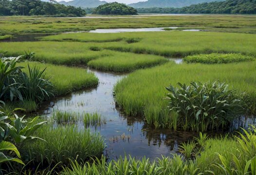 Beautiful marshland with lush greenery and calm water reflecting the blue sky, surrounded by dense trees and lily pads, peaceful and natural landscape perfect for nature lovers, Generative AI.
