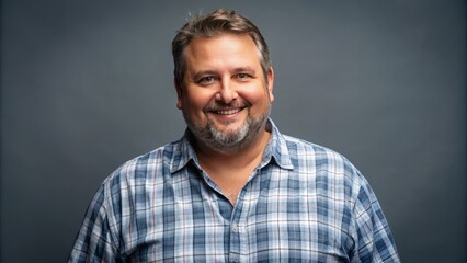 Obraz premium A slightly overweight middle-aged man with a subtle smile and gentle eyes, wearing a casual button-down shirt and jeans, exudes a sense of warmth and approachability.