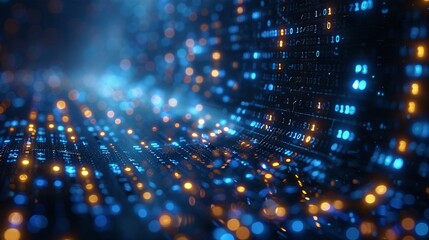 Abstract technology concept with random bits of machine code forming a binary data matrix.