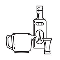 Anisette bottle, glass and water pitcher vector line icon for Anisette Day on July 2. French liquor outline symbol.