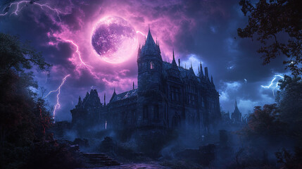 The image portrays an eerie and dramatic night scene with a gothic castle illuminated under a vibrant, oversized pink full moon. The sky is filled with dense, dark clouds, with bolts of lightning stre