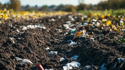 Microplastic pollution in soil, with microplastics contaminating the ground and plastic waste present in an agricultural field. Environmental and groundwater concerns related to plastic waste
