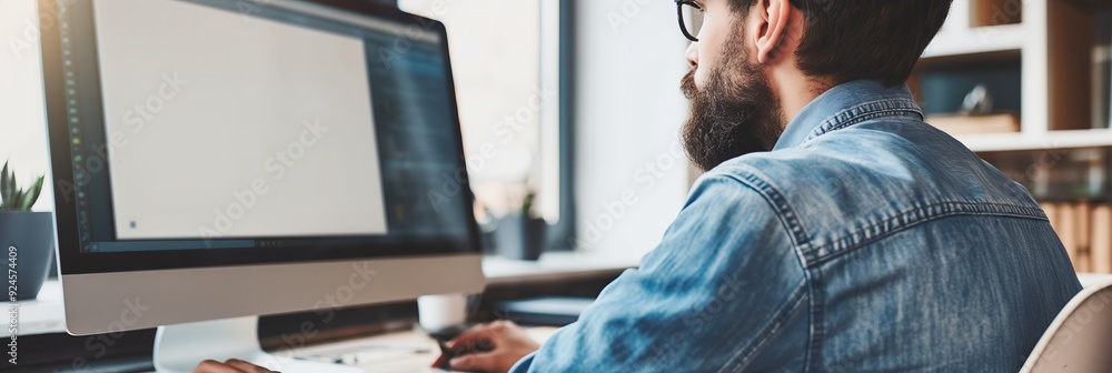 Poster the image shows a person working on a project using a desktop computer in a modern office setting, f