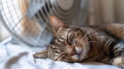 Feline resting in front of a pale air cooler.