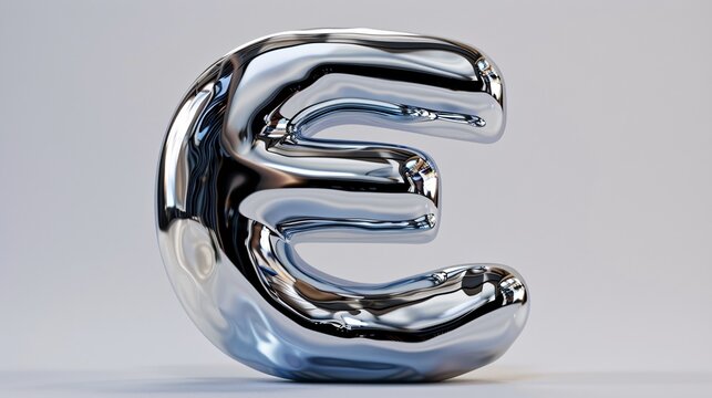 Reflective 3D chrome letter E with sleek glossy surface, abstract blob form for contemporary Y2K aesthetic, metallic font alphabet.
