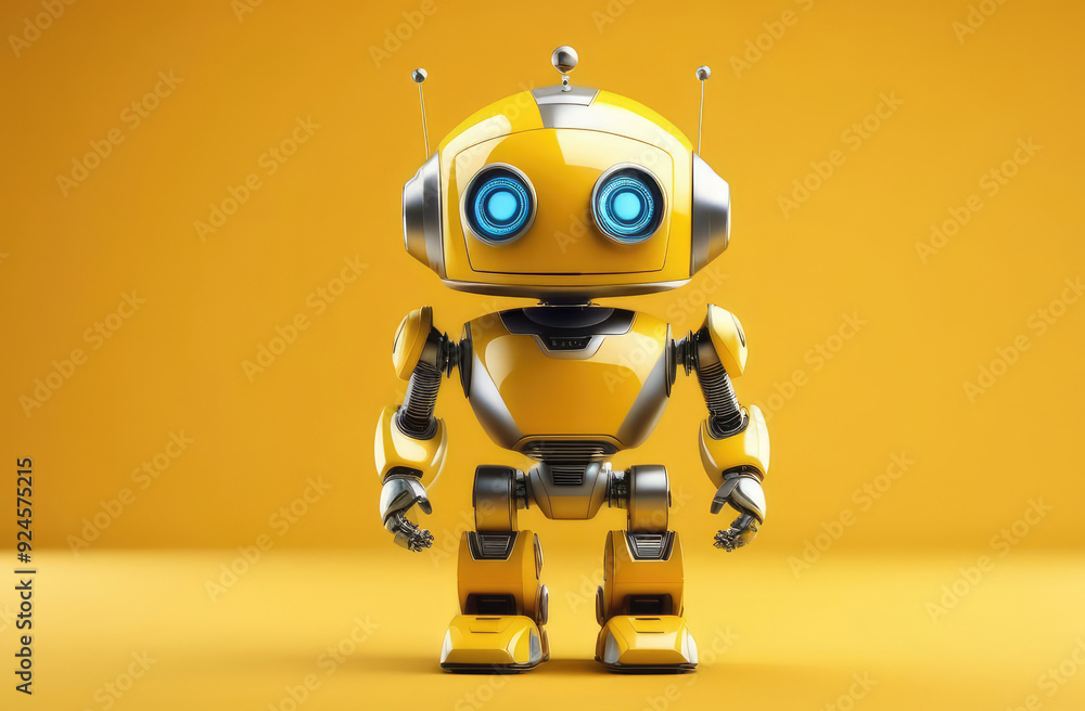 Poster ai assistant, future technologies. futuristic android robot made of metal on solid yellow background