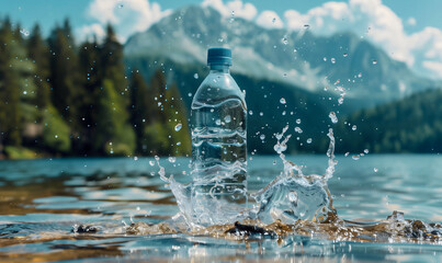 A flat plastic bottle of water with splashes of clear, clean mountain lake water in front of forest and snowcapped mountains