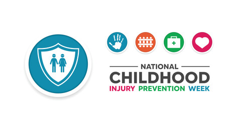 National Child Injury Prevention Week. Shield, children, fence, first aid and heart. Great for cards, banners, posters, social media and more. White background.