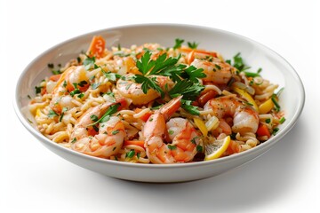 A delicious plate of shrimp pasta garnished with herbs and lemon.