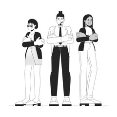 Product managers team black and white flat line illustration. Teamwork colleagues diversity at workplace 2D lineart characters isolated. Arms crossed employees monochrome vector outline image