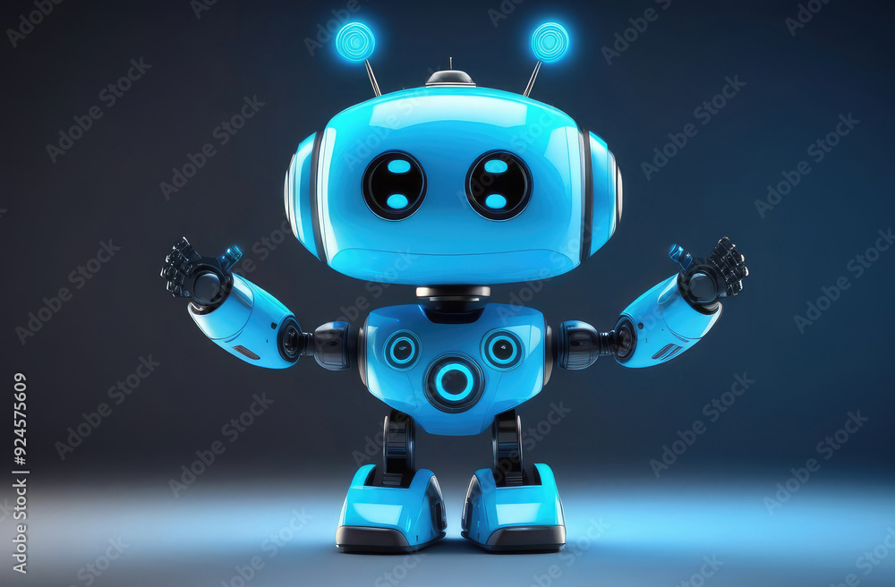 Poster ai assistant, future technologies. futuristic android robot made of metal on solid dark background