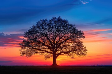 Silhouette of lone tree against colorful sunset