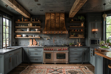 head on shot of sage green kitchen . Ornate hood vent, warm lighting . Rustic hand hewn Ceiling beams , vintage runner rug, brass chandeliers over island, dark lighting