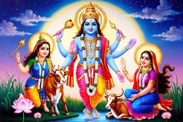 Joyful Krishna Portrait with Radha, Calf, and Lotus in a Twilight Backdrop