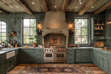 head on shot of sage green kitchen . Ornate hood vent, warm lighting . Rustic hand hewn Ceiling beams , vintage runner rug, brass chandeliers over island, dark lighting