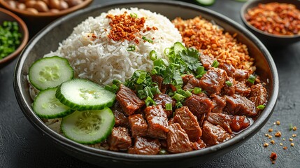 Nasi petis, a renowned dish, features white stir-fried vermicelli, beef jerky, chili sauce, grated coconut, and sliced cucumbers.