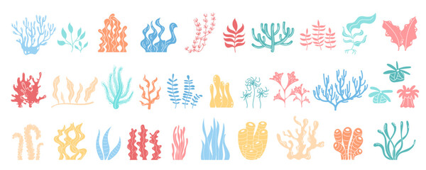 Underwater reef and marine plants set in vibrant colors. Varied sea flora like kelp, algae, seaweed with design elements. Beautiful aquatic life icons in cartoon graphic style.