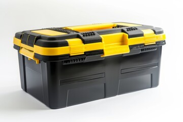 Durable black and yellow toolbox on a white background. Sturdy construction. Organizes tools easily. Essential for DIY and professional use. Practical design. Generative AI
