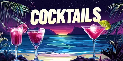 Tropical evening cocktails banner template featuring a geometric design, ideal for an alcohol menu at a summer celebration.