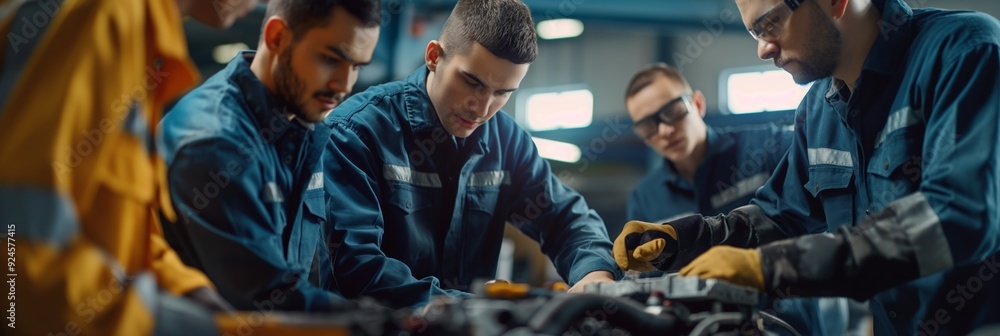 Poster several mechanics in a workshop collaboratively work on repairing an engine, emphasizing teamwork an
