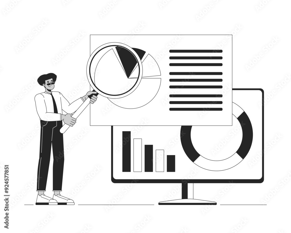 Poster analytics magnifying glass black and white 2d illustration concept. enlarging loupe analyst computer
