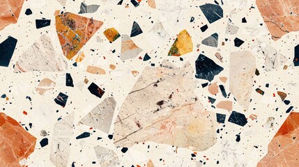 Fototapeta premium Seamless terrazzo flooring featuring a beige base adorned with colorful stone fragments, crafted from natural materials like granite, marble, quartz, limestone, and concrete.