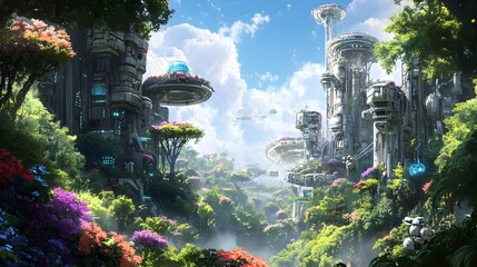 Thriving Solarpunk Landscape with Integrated High Tech Structures and Robotic Caretakers
