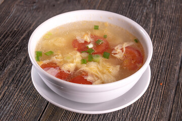 Chinese Vegetable Soup on wood table. Chinese food.