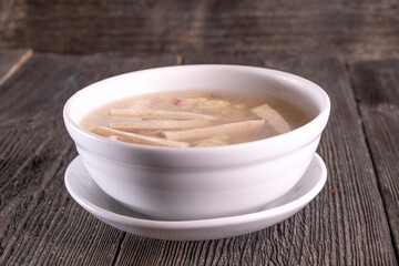 Chinese Tofu Vegetable Soup on wood table. Chinese food.
