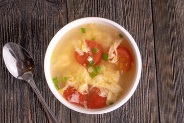 Chinese Vegetable Soup on wood table. Chinese food.