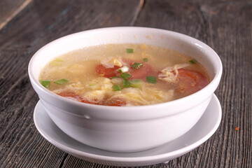 Chinese Vegetable Soup on wood table. Chinese food.