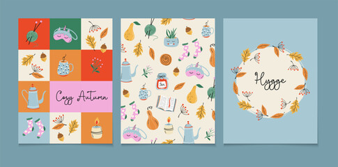 Set of Autumn design prints. Cute Fall theme postcards, posters, covers. Colorful Hygge style compositions. Hand drawn vector Illustrations.
