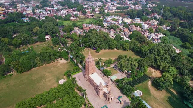 aerial view of Sarnath temple Varanasi with tall spires, surrounded by lush greenery and neatly arranged gardens. India