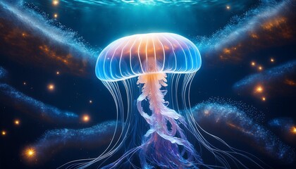 Fototapeta premium Glowing jellyfish swim deep in blue sea. Medusa neon jellyfish fantasy in space cosmos among stars,jellyfish, sea, blue, water, fish, ocean, abstract, underwater,