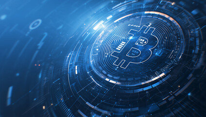 Obraz premium A digital hologram of a Bitcoin logo in the center, surrounded by circuit board lines