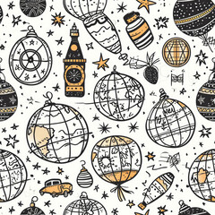 Obraz premium Seamless Pattern with Hand-Drawn Globes, Stars, and Vintage Travel Elements in Black and Gold